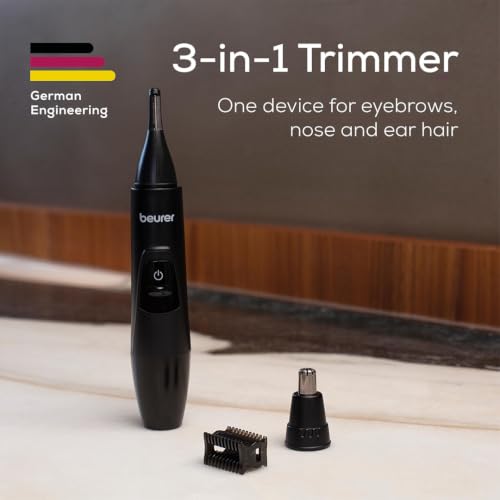 Image of Beurer MN 2X Precision trimmer for men I German Engineering I Eyebrows, Nose & Ear Hair I 3 Stainless Steel Attachments (3 /6mm Combs) I IPX4 Splash-Proof I Battery-Operated I Portable with Storage Bag I 3-Year Warranty I Black in color