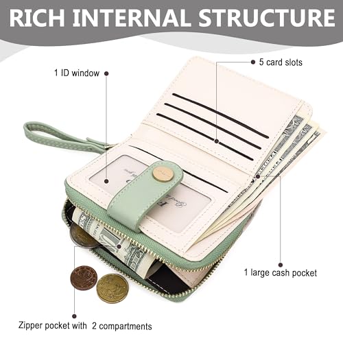 Image of Farcauo Cat Pattern Wallet for Women and Ladies Small Cute Kawaii Green Coin Purse with ID Window and Credit Card Holder Compact Wallet for Women and Ladies