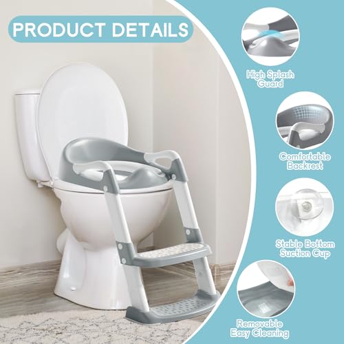 COOSEYA Toilettensitz Kinder, Toilettensitze für Jungen Mädchen, Kinder Toilettensitz mit Treppe,WC Sitz Kind Zusammenklappbar Rutschfest Spritzschutz Weiche Polsterung Sicherheitsgriffe (Grau)