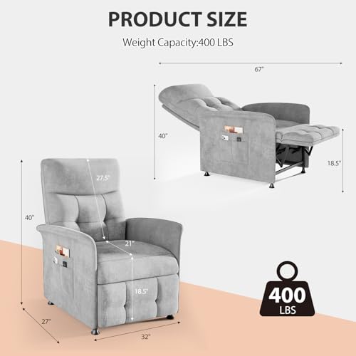 Image of Power Recliner Chair for Adults with Heat & Massage - Soft Fabric Electric Reclining Sofa with Remote Control, 3 Side Pockets, 180 Lay Sleeper for Home Theater Living Room, Light Grey