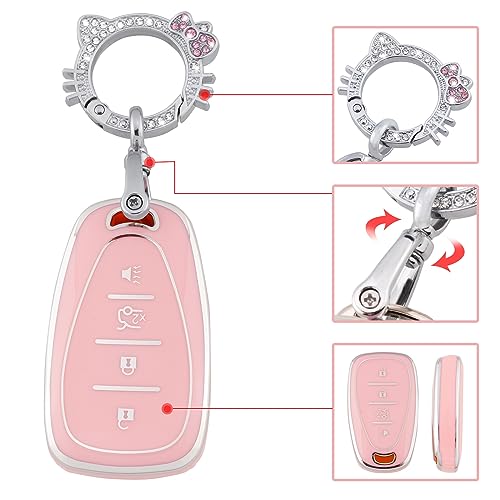 Image of Pangpai Pink Key Fob Cover for Chevy, Soft TPU Key Case Protection with Bling Keychain Fit for Chevy Chevrolet Malibu Equinox Traverse Camaro Cruze Blazer Volt Bolt Smart 4 Buttons