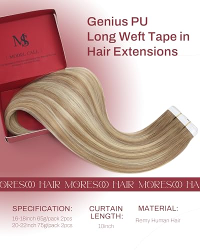 Image of Moresoo Weft Tape Extensions Human Hair Light Brown Blonde 20 Inch 75g 2Pcs | Skin weft tape in hair extensions, cut-to-size design for layered placement and a lived-in light brown blonde finish
