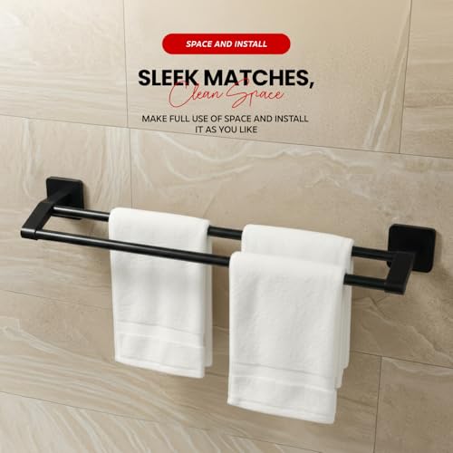 Image of Amazon Basics 24 Inch Bathroom Towel Hanger for Wall - Space Aluminum Towel Rod | Self Adhesive No Drill Rustproof Modern Towel Bar Rack for Bathroom & Kitchen