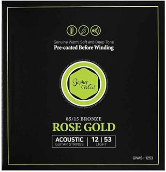 Gopher Wood Rose Gold Acoustic Guitar Strings, 85/15 Bronze, Light 12-53, Pre-coated