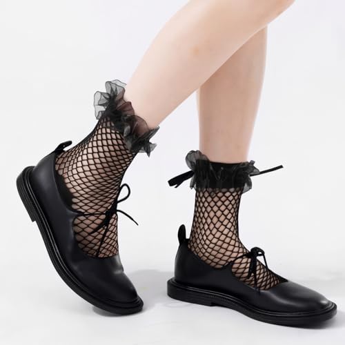 Image of 4 Pairs Fishnet Socks Fish Net Sock Women Summer Sheer Socks For Women Ankle Ruffle For Ladies Princess Gift Daily Wear Parties Black White Fish Net Ruffle Sock