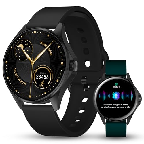 Aurafit Relógio Inteligente Smartwatch com IA ChatGPT, Tela AMOLED 1.32', Chamada Bluetooth, Monitor de Saúde Cardíaca e Sono, 100+ Modos Esportivos, IP68, Compatível iOS Android, 2 Pulseiras, Preto