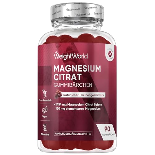 Magnesiumcitrat Gummies - 90 vegane Gummibärchen - 1454 mg Magnesium Citrate liefert 160 mg elementares Magnesium - Natürlicher Traubengeschmack - 45 Tage Vorrat - WeightWorld