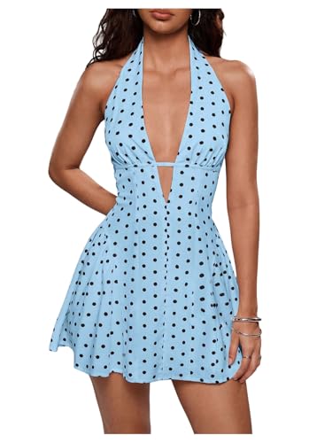 Amazon.com: Floerns Women's Cute Vacation Vintage Polka Dots Deep V Neck  Halter Dress Ruffle Backless Sleeveless A Line Mini Dresses Blue Black Polka  Dots XX-Small : Clothing, Shoes & Jewelry