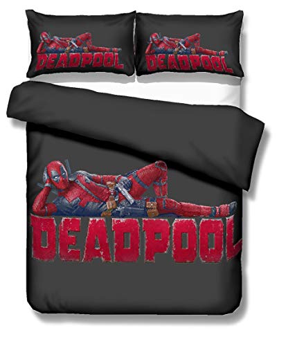 Nichiyo Deadpool bed linen set – duvet cover and pillowcase, microfibre, 3D digital print, three-piece bed linen (duvet cover and pillowcases) (3,double 200 x 200 cm)