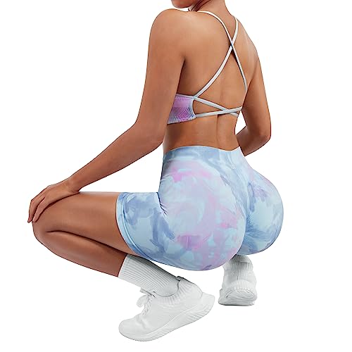 Image of SUUKSESS Women Seamless Workout Sets Strappy Sports Bra High Waist Booty Shorts Outfits