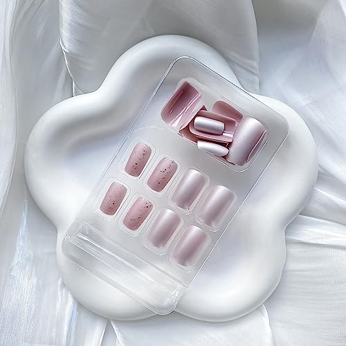 24 Pcs Medium Press on Nails Square Fake Nails Matte Pearlescent Pink False Nails with Sequin Designs Summer Acrylic Nails for Women Nails Decoration