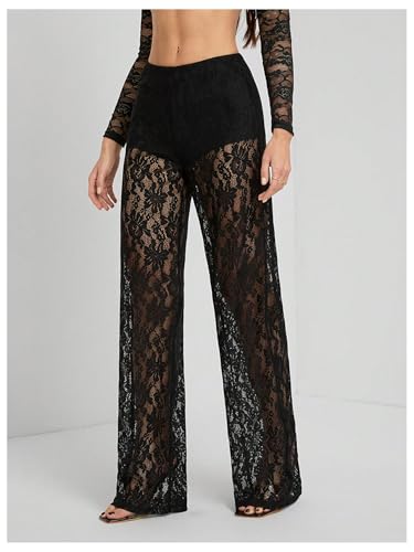 Women's Y2K Floral Lace See Through Pants Sheer Straight Leg Long Pants Club Wear2