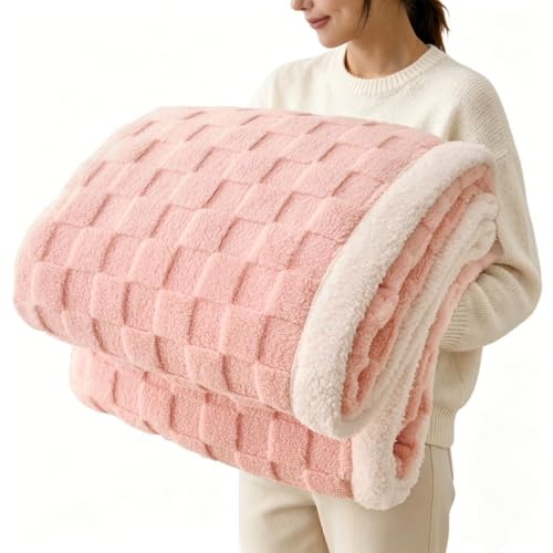 Pink Sherpa Throw Blanket for Couch, Flannel Cozy Soft Thick Blanket Warm Twin Blanket for Bed - Fleece, Pink, Home Decor Gifts for Women, 60x80 Inches