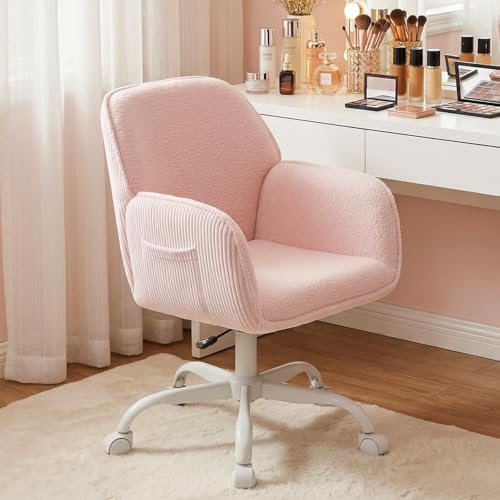 KRAMZMING Bürostuhl Schreibtischstuhl Homeoffice Stuhl Schminktisch Stuhl Sherpa- & Cordstoff Ergonomisch mit Armlehnen Höhenverstellbar 360 Drehbar Leise Rollen Breiter Sitz Stabil Rosa