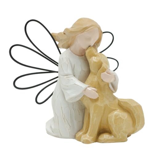 Yorajuy Estatua de ángel y perro, niña de resina con cachorro, figuras de ángel de perro, estatua de perro sosteniendo ángel, figura de amistad de resina, decoración de manualidades de resina para