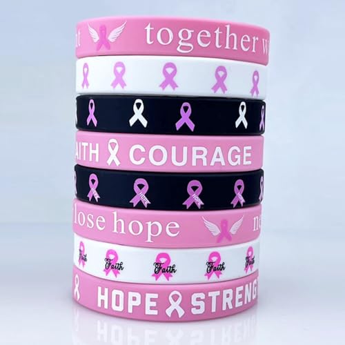 Breast Cancer Awareness Silicone Bracelets - Pink Ribbon Inspirational Wristbands with Hope/Faith Quotes - Support Charity, Gifts & Daily Wear3