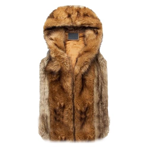 Men's Faux Fur Hoodies Vest Winter Warm Sleeveless Hooded Waistcoat Soft Cardigan Fuzzy Fleece Gilet with Hood