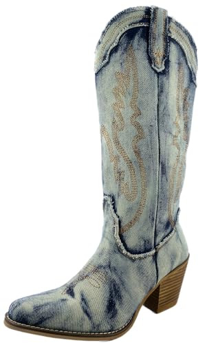 ARIDER GIRL Jeans Women's Stacked Heel Snip Toe Western Denim Embroidery Ankle and Mid Calf Boots