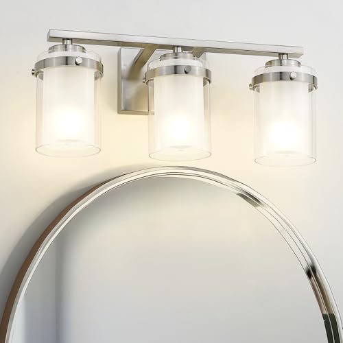Image of kudos 3-Light 18-inch Bathroom Light Fixtures Over Mirror, Brushed Nickel Vanity Lights with Dual Glass Shade, Wall Sconce, Modern Vanity Lights for Bathroom, Hallway, KDVL15-BN-3