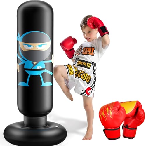 Sac de Frappe Enfant avec Gants de Boxe 165cm Ninja Gonflable Sac de Boxe pour Enfants 3-12 Ans Matériau épais Kit de Boxe pour Jeux Actifs et Réduction du...