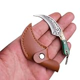 SZHOWORLD Ultra Small Fixed Blade Claw Knife, 1.65 inch 5Cr15 Stainless Steel Blade with Brass+Colored Wood Handle, Mini Knife/Box Cutter with Leather Sheath for EDC Gift Collection Outdoor (Green)
