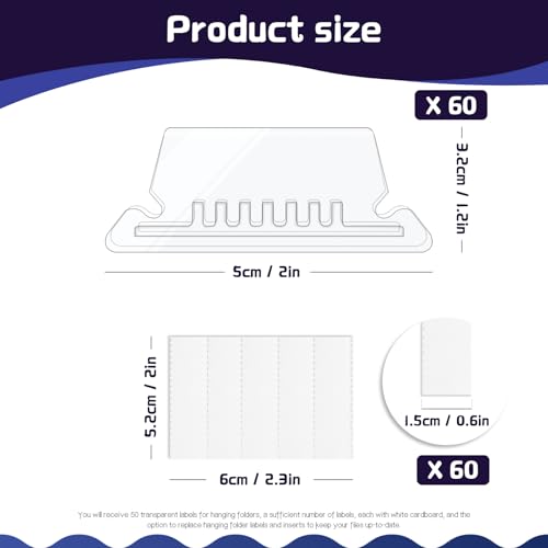 60 Sets 2 Inch Hanging File Folder Tabs, Transparent File Folder Labels with Paper Inserts Plastic Tabs for Hanging File Folders for Quick Identification