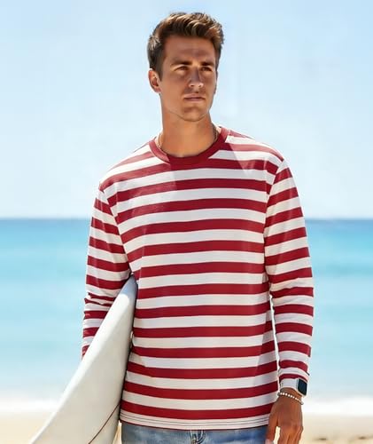 Image of KESIHAN Mens Striped Long Sleeve Shirt Crewneck Casual T-Shirt Basic Stripe Cotton Spandex tee Shirt