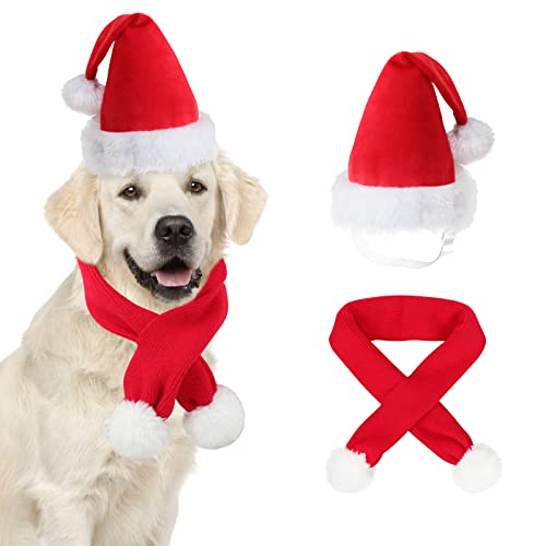 Rypet Dog Christmas Hat And Scarf Adjustable Pets Santa Hat Dog Christmas Costume Knit Red Scarf With White Pompom Ball For Small Medium Large Dogs Christmas Party #TOP12