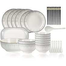 Stoneware Plates and Bowls Sets Handmade Dishware Sets for 4 6 8 10 Round Dinner Plates Set of 20 33 39 Piece Kitchen Dishes Set Scratch Resistant Dishwasher & Microwave Safe33pcs