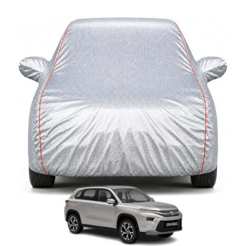 Image of Compatible with Toyota Hyryder Models 100% Waterproof Car Cover for All Weather Protection Mirror & Inner Cotton Triple Stitched Cover, Adjustable Belt Bottom Elastic (Metalic Silver)