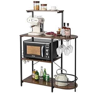 COSTWAY 4-Tier Kitchen Baker’s Rack, Industrial Microwave Oven Stand with Detachable Top Shelf, Glass Holder, 6 S-Hooks and Adjustabel Foot Pads, Standing Coffee Bar Table Station, 90x42x124cm