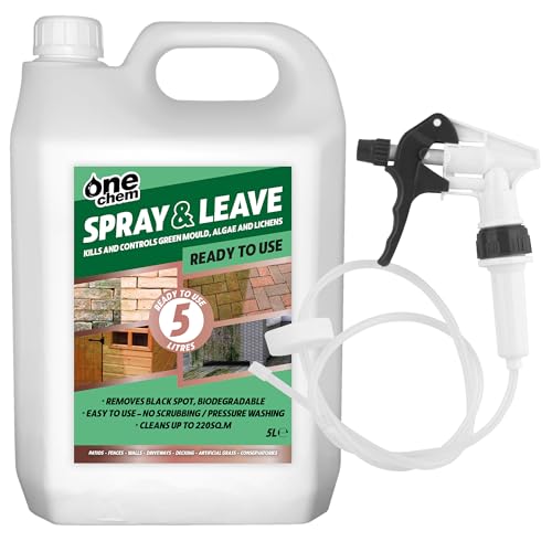 One Chem Spray and Leave 5 Litre with added Long Hose Trigger Spray Ready To Use - Fencing Patio Decking Driveway - Green Algae and Mould Remover