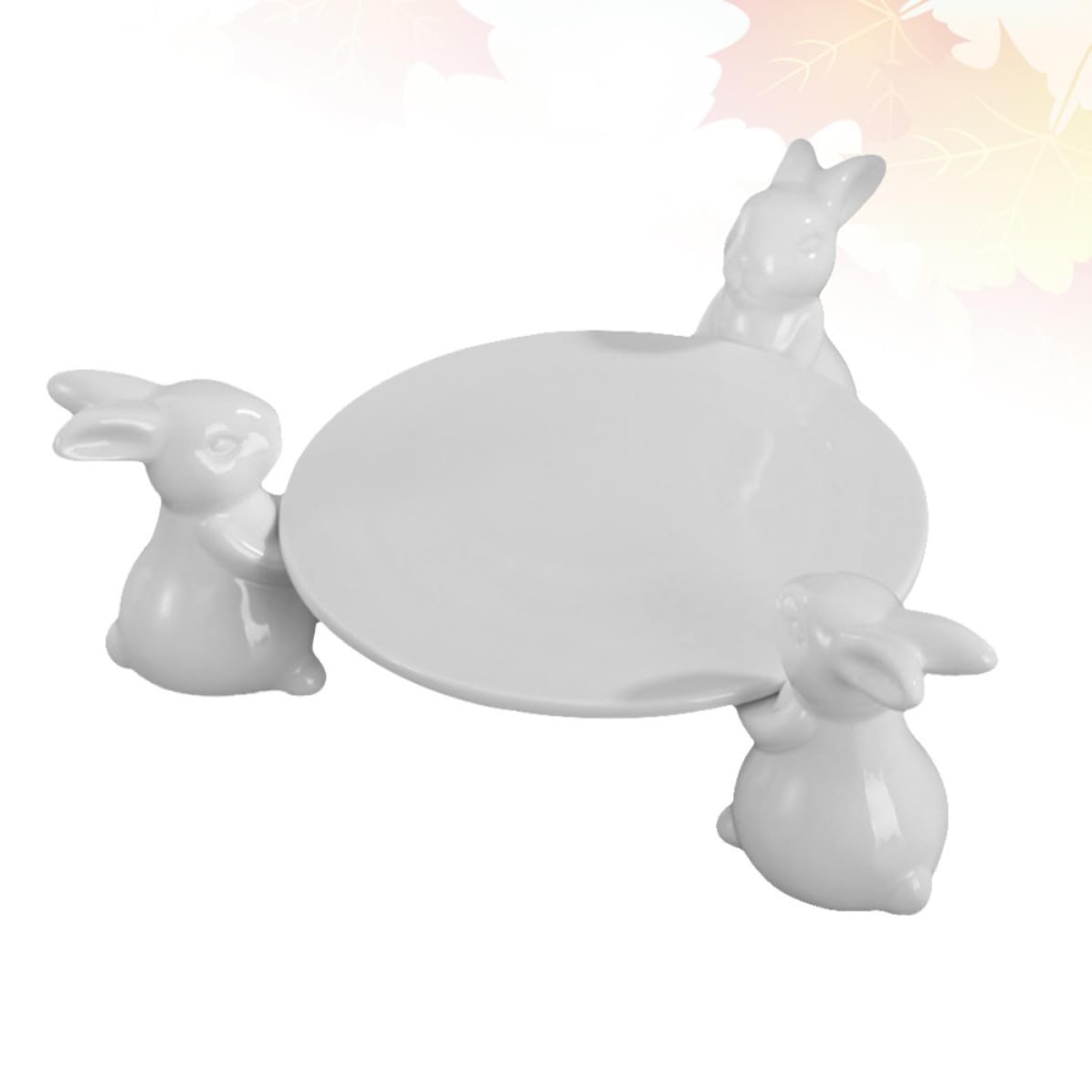 Soporte para Tartas de Cerámica Blanco Diseño de Tres Conejos, Bandeja Redonda para Mostrar Dulces y Chocolates en Bautizos y Navidad