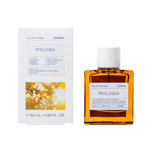 Image of KORRES Philosia Eau de Toilette Spray, Bergamot Orange Mandarin Top, Pine Eucalyptus Fir Balsam Heart, Musk Cedarwood Guaiac Wood Patchouli Base, Woody Aromatic Fruity Scent, Unisex, Vegan, 1.69 Fl Oz