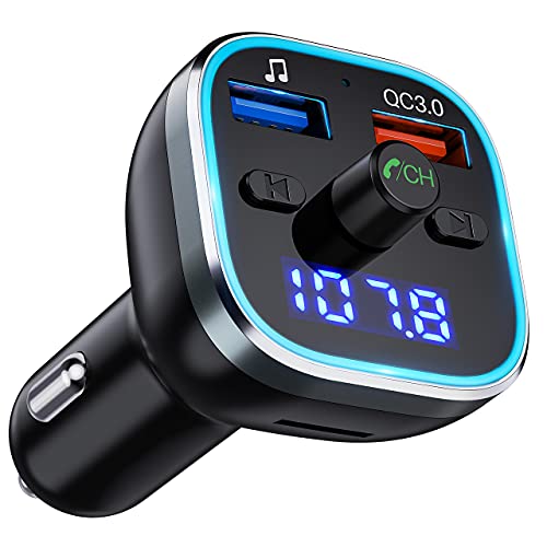 VT FM Transmitter for Car, Bluetooth 5.0 Car Radio Audio Adapter with QC3.0 Quick Charge & 6 RGB Colorful Light, MP3 Player Car Charger Support Hands-Free Calling, USB Drive, TF Card,Black