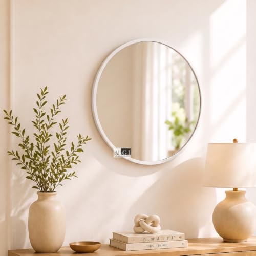 Image of Round Wall Mirror in Gold I Metal Frame Mirror I Modern Design Metal Frame Mirror in Medium Size I Bathroom Wash Basin, Bedroom, Drawing Room (White 20 inch)