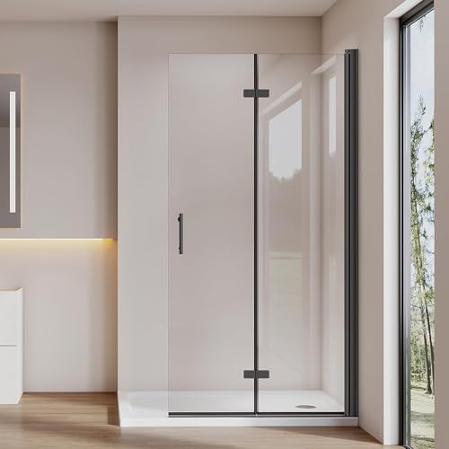 Cozynest Walk-in Duschwand Glas Schwarz 90x195cm Falttür Dusche Duschabtrennung aus 6mm ESG-Sicherheitsglas Nano Beschichtung Höhe 195cm