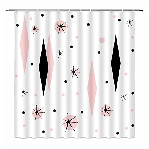 SRAUYST Mid Century Modern Shower Curtain Pink Black Diamond Atomic Starbrust Polka Dot Retro 50s Minimalist Geometric Fabric Bathroom Decor Sets with Hooks