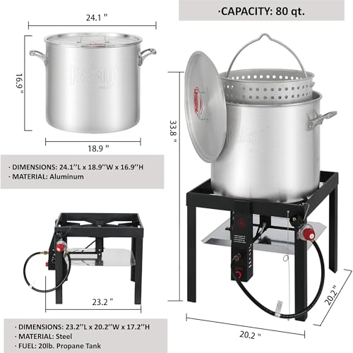 Image of Feasto 80QT Seafood Boil Pot with Basket and Burner for Outdoor Cooking | 80QT Aluminum Seafood Boil Kit, 100,000 BTU Burner, Electronic Ignition, for Crawfish, Crab, Shrimp (Regulator Included)