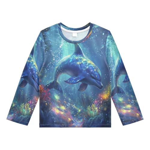Dolphin Coral Turquoise Rash Guard Shirt for Boys Sun Protection Shirt for Swimming Pool Beach UPF50+ 7-8T