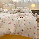 Freyamy Kinder Bettwäsche 135x200cm 2teilig Beige Bunt Schmetterling Mädchen Bettwaren-Sets Schmetterlingsmotiv Microfaser Deckenbezug Teens Bettbezug mit Reißverschluss und 1 Kissenbezug 80x80cm