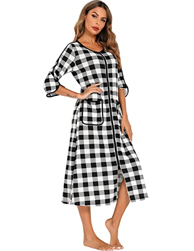 Image of Veseacky Women Robe Zipper Front House Coat 3 /4 Sleeve Nightgown Full Length Ladies Lounge Dress with Pockets S-XXL