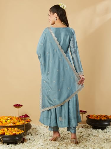 Image of MOKOSH Women's Silk Embroidery Anarkali Kurta Pant with Dupatta | Women's Anarkali Kurta Set | 3 Piece Ethnic Outfit with Dupatta | Round Neck Full Sleeve
