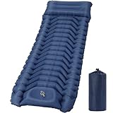 HAUSPROFI Colchoneta aislante para camping, ultraligera, colchón de aire con bomba de pie y almohada, colchón inflable, compacto y ligero, esterilla de camping para senderismo, playa, exterior, azul
