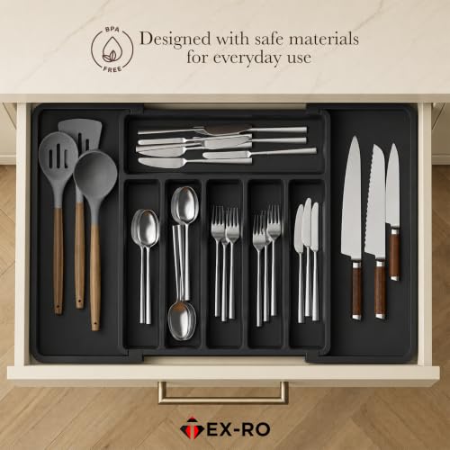 Image of TEX-RO Expandable Cutlery Tray for Kitchen Drawer | Adjustable Utensil Organizer with Multiple Compartments | Plastic Spoon, Fork & Knife Storage for Modular Kitchen