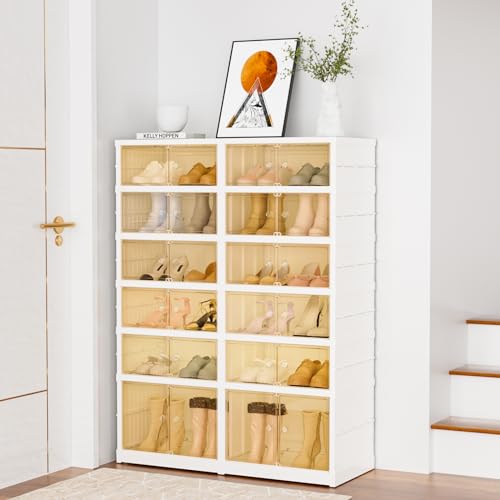 Image of 6-Tier Portable Shoe Rack Organizer for Closet, 24 Pairs Shoe Container Bins, Clear Plastic Collapsible Shoes Storage Box, Stackable Sneaker Storage Shoe Cabinet with Door