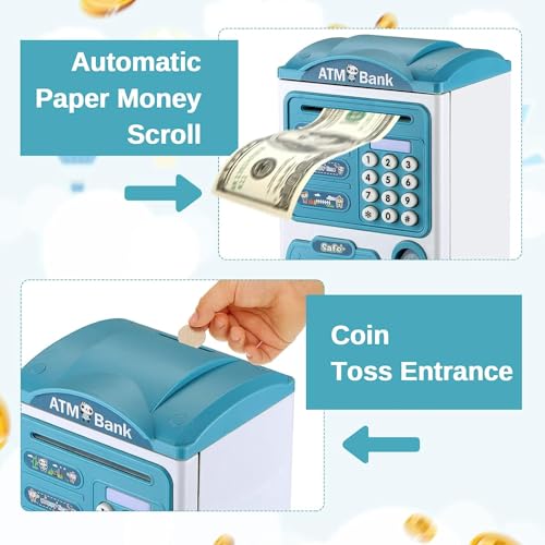 Electronic Piggy Bank, Mini ATM Password Money Bank Cash Coins Safe Box, Musical ATM Machine Toy for Kids with Fingersensor and Lock,Educational Gift for Boys and Girls (Blue)