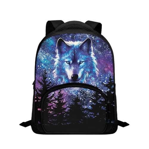 Biyejit Galaxy Forest Wolf School Backpack for Boys, 12 Inch Kids Bookbag Backpacks for Preschool, Kindergarten, Elementary with Adjustable Padded Straps