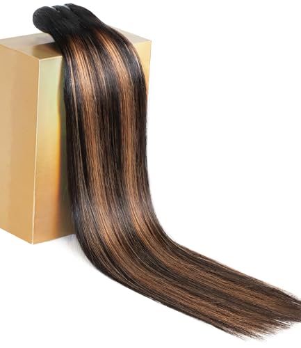 MLIP Valentine's Day Gifts Raw Bundles Human Hair Straight, No Tangle Shedding, Keep Texture Silky Soft After Multiple Washes, 16A Raw Indian Hair Bundles 18 Inches, Brown Highlight Bundles