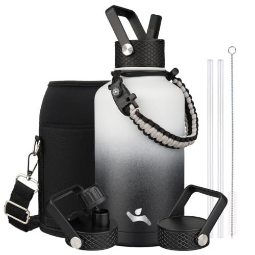 Image of Konokyo Half Gallon Insulated Water Bottle with Straw,64 oz 3 Lids Water Jug with Carrying Bag,Paracord Handle,Double Wall Vacuum Stainless Steel Metal Flask,Day Night